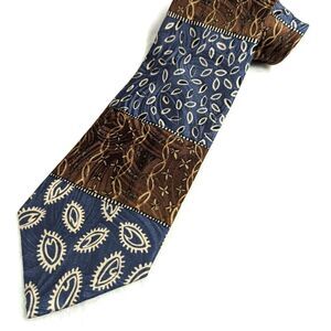 Vintage Men's Abstract Motif Blue & Brown 100% Silk Tie